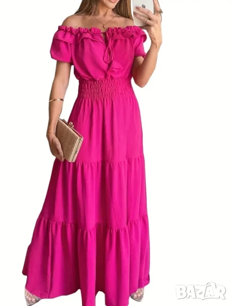 Дълга цикламена лятна рокля с паднали ръкави, снимка 1