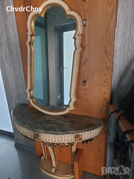 Барокова тоалетка/дървена конзолна масичка с огледало/маса-мрамор-дърворезба, снимка 1