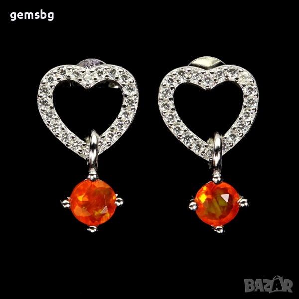 Сребърни обеци с оранжев огнен опал, снимка 1