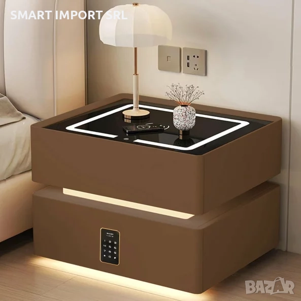 Интелигентно LED нощно шкафче с безжично зареждане Smart Heater, кодирана ключалка, кафяв, снимка 1