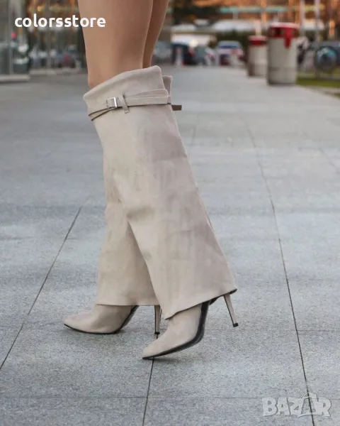 Ботуши на ток - бежов велур - KD100, снимка 1