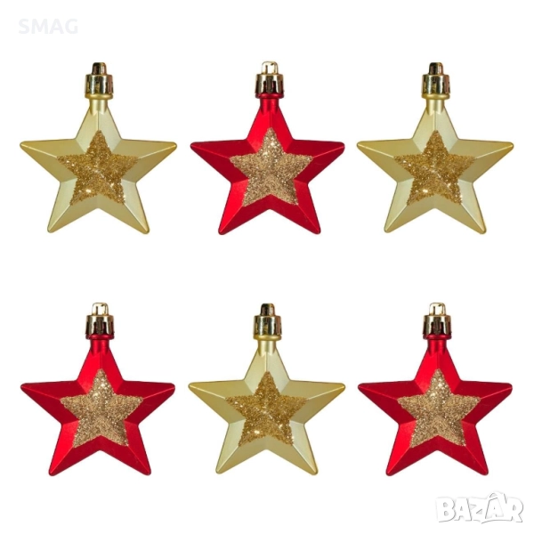 Комплект коледни декоративни звезди, червени и златисти, мат с брокат, 6 см – 6 бр._1171269, снимка 1