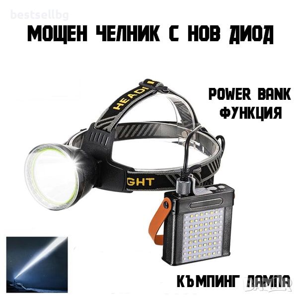 Мощен челник фенер за глава с къмпинг лампа Power Bank за лов рибилов, снимка 1