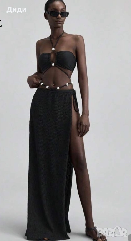 Черен бански с перли, връвки и пола, снимка 1