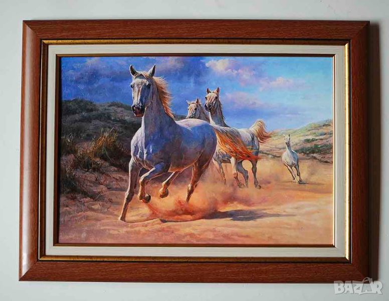 Бягащи бели коне, картина, снимка 1