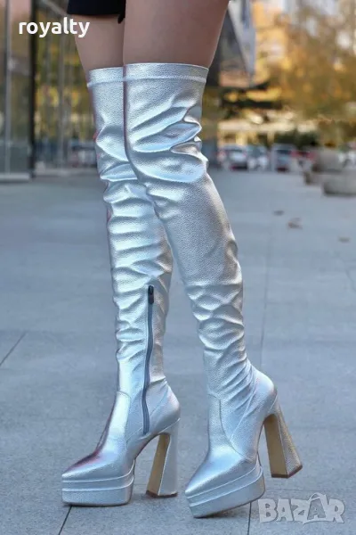 Чизми на ток - сребриста кожа, снимка 1