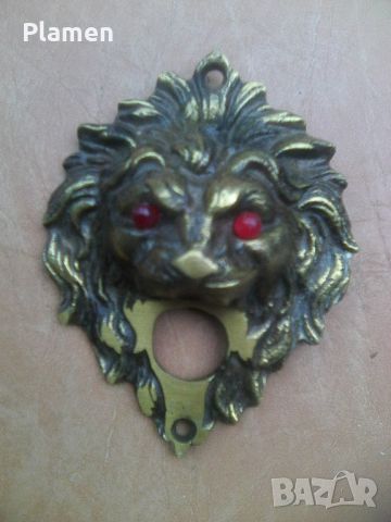 Месингова лъвска глава кнопка за звънец с очи червени светодиоди, снимка 1 - Други ценни предмети - 45876167