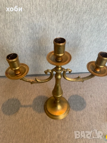   месингов свещник с три рамена , снимка 2 - Антикварни и старинни предмети - 53849949