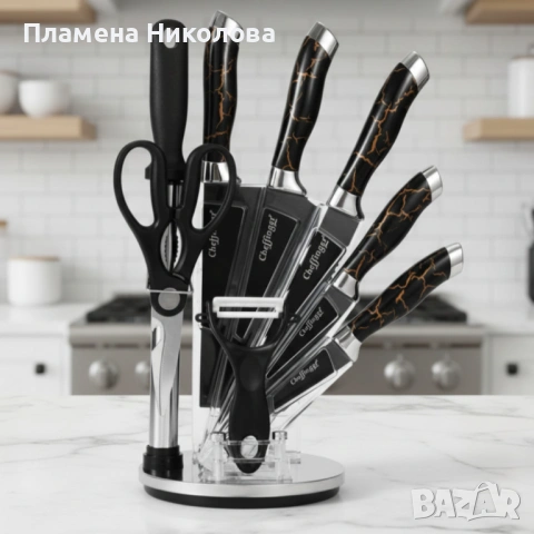 Комплект уреди за рязане Cheffinger – 9 части с мраморно покритие, стойка, точило и белачка, снимка 2 - Прибори за хранене, готвене и сервиране - 53615633