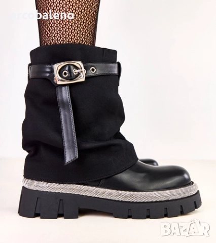 Дамски черни боти до глезена с навита горна част и кристали по краищата от Yemi, снимка 3 - Дамски боти - 52068477