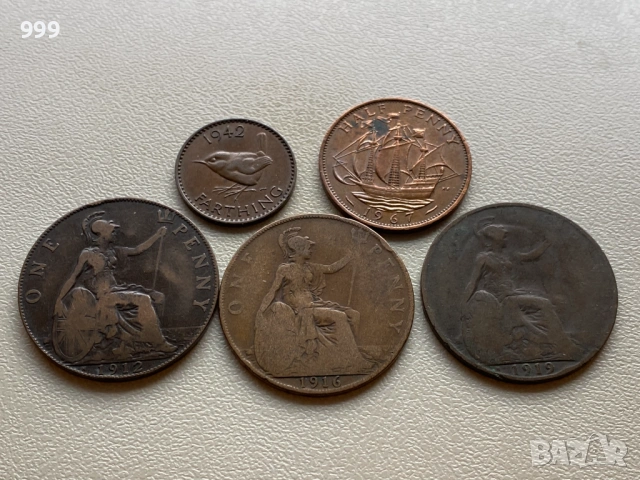 пени 1912, 1916, 1919, 1967, фартинг 1942 Великобритания