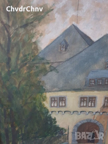 Чифт стари малки картини акварел върху картон/замъци/1912/картина в дървена рамка 41х31см, снимка 4 - Картини - 51192322