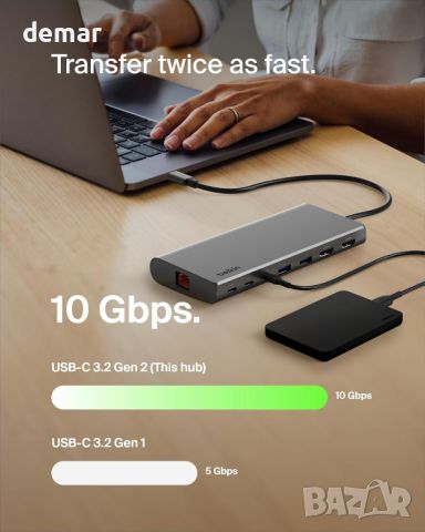 Belkin USB-C 8 в 1 хъб,2 USB-C, 2 USB-A, 2 HDMI, Ethernet и 100 W порт, снимка 5 - Кабели и адаптери - 46633818