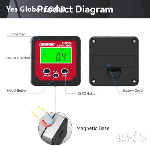 GemRed дигитален ъгломер магнитен LCD, снимка 2 - Друга електроника - 53606223