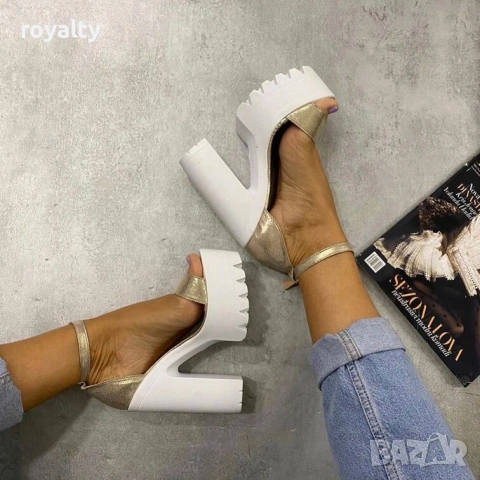 Сандали на ток - златиста кожа с бяло ходило [36-40 номер]