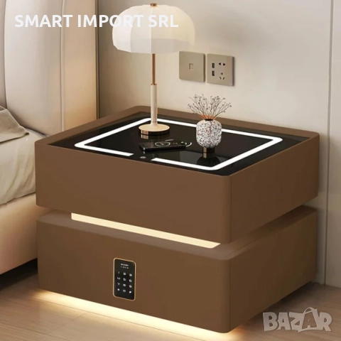 Интелигентно LED нощно шкафче с безжично зареждане Smart Heater, кодирана ключалка, кафяв