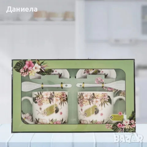 Комплект две чаши с лъжички и чинийки в зелени нюанси, снимка 4 - Чаши - 49792663