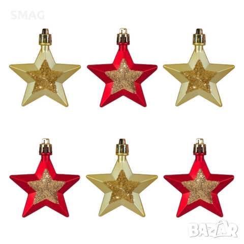 Комплект коледни декоративни звезди, червени и златисти, мат с брокат, 6 см – 6 бр._1171269