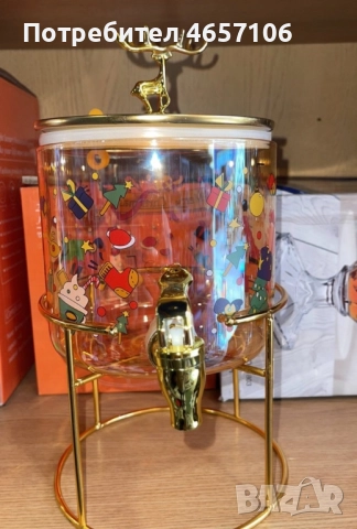 Стъклен диспенсър за напитки 2.6 L с коледен дизайн и златиста стойка, снимка 6 - Други - 52494764