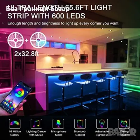 Нови LED ленти 20 м, RGB, музикален синхрон, App контрол, дистанционно и таймер, снимка 3 - Лед осветление - 47125172