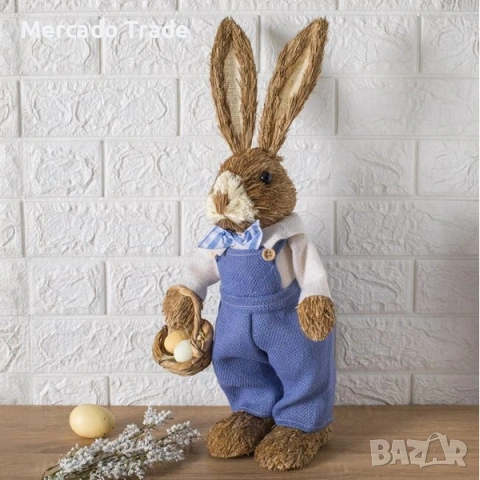 Декоративна великденска фигура Заек, Син гащеризон, 47см