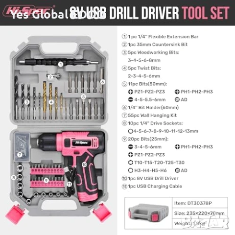 Hi-Spec 8V Акумулаторна бормашина 110ч. (Розова), снимка 2 - Винтоверти - 53634106