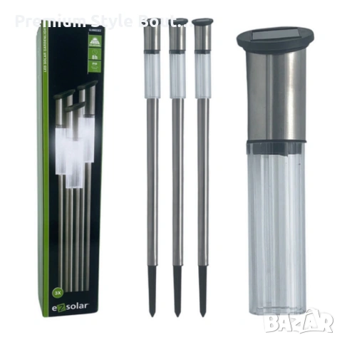 Комплект от 3 броя Led соларни лампи XL 57см - неръждаема стомана, сензор и до 8 часа светене, снимка 9 - Други стоки за дома - 54030056