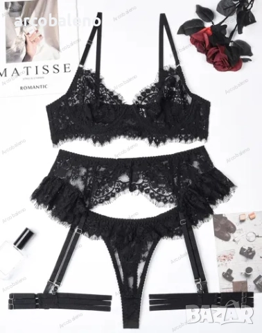 Дамски комплект бельо от четири части с дантелени тиранти, 3цвята , снимка 11 - Бельо - 41498826