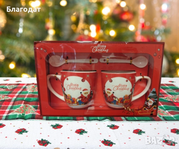 Комплект от 2 керамични чаши с лъжица, коледна тематика, опаковани в подходяща кутия, снимка 4 - Чаши - 52411154