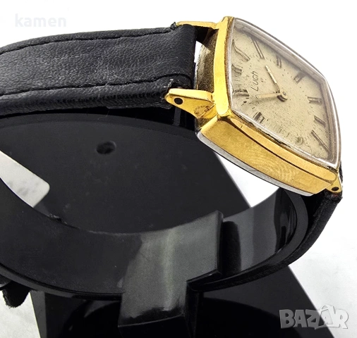 Винтидж съветски часовник LUCH - позлатен AU 10+ - произведен в СССР - нова черна каишка Винтидж , снимка 4 - Антикварни и старинни предмети - 53658534