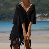 Уникална плажна рокля плетена на кука с дълбоко V-образно деколте, снимка 2 - Туники - 45193926