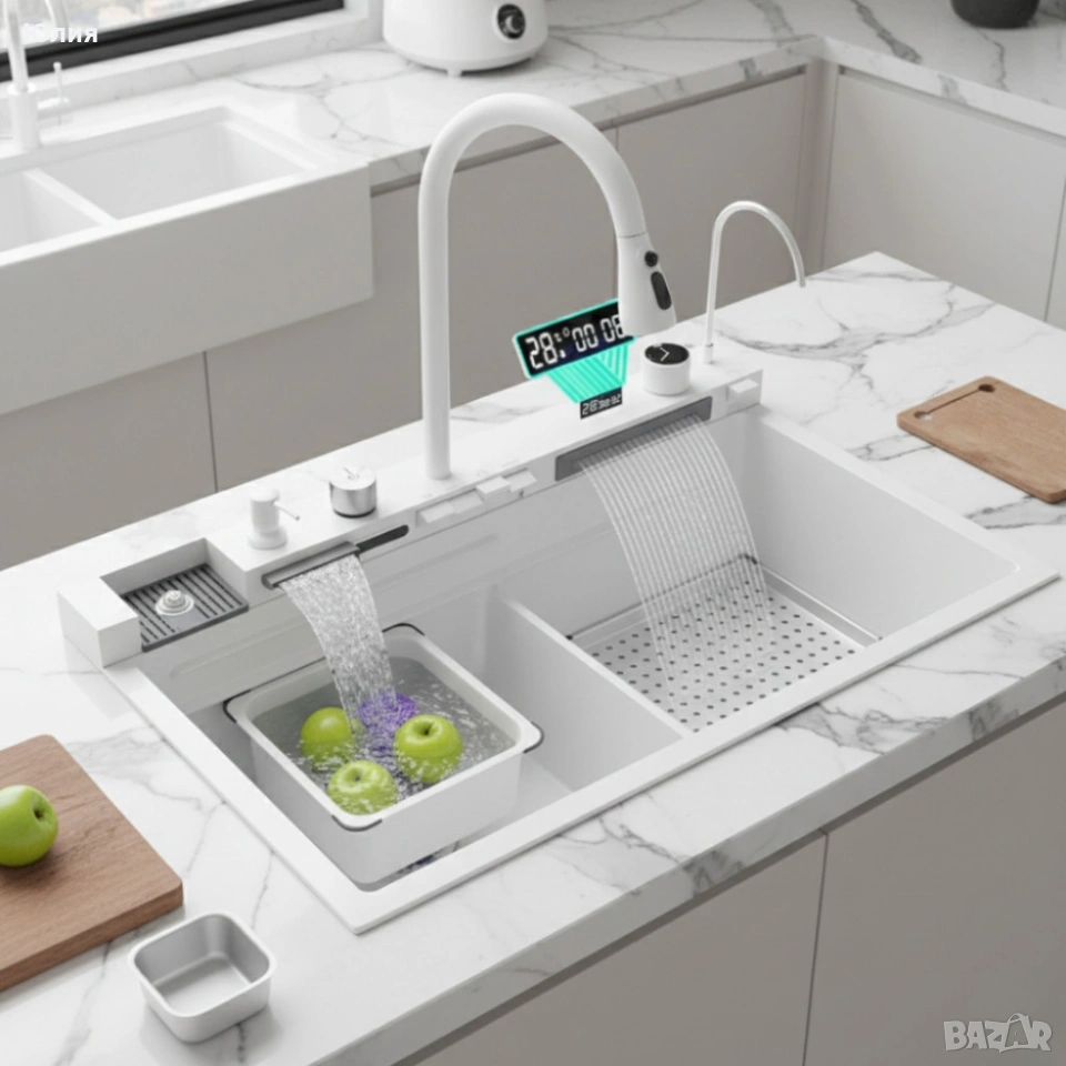 Умна кухненска мивка с изтеглящ се кран – LED дисплей, водопад, , снимка 1