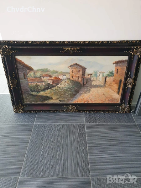 150х89см/стара голяма картина масло върху платно/испанско село-каменни къщи/барокова дървена рамка, снимка 1