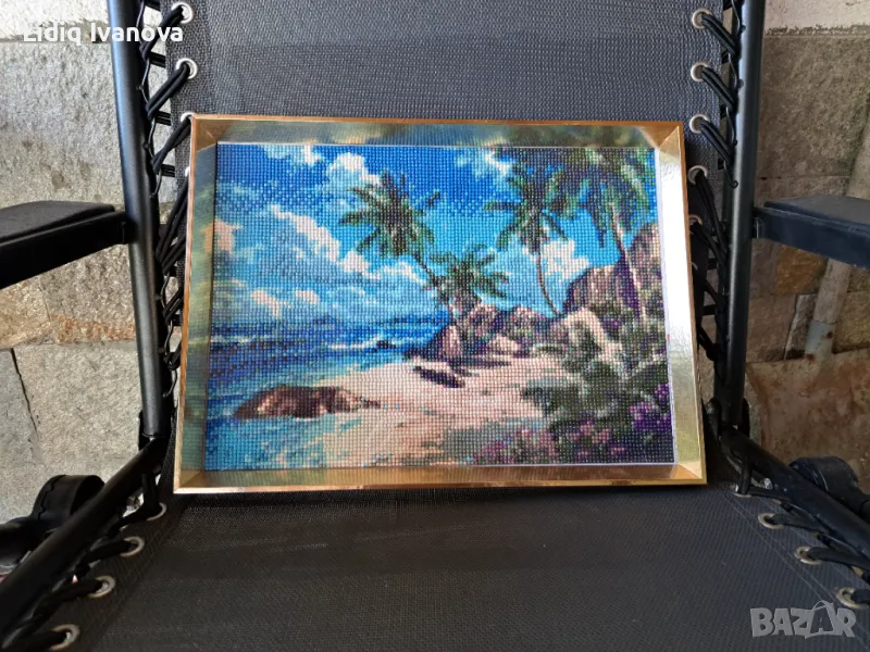 Диамантен гоблен море с палми-готов и рамкиран, снимка 1