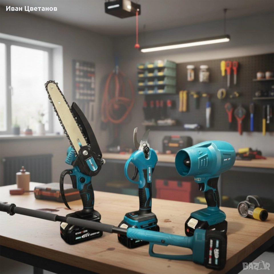 Акумулаторен комплект 4в1 KraftRoyal – Лозарска ножица, мини верижен трион 15 см, снимка 1