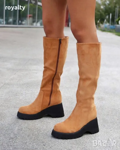 Ботуши на платформа - кафяв велур с черно ходило, снимка 1