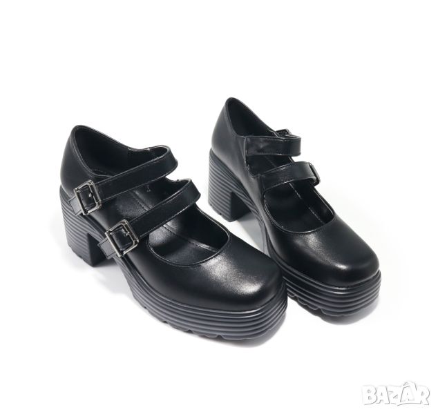 ДАМСКИ ЧЕРНИ ОБУВКИ С ДЕБЕЛ ТОК И ДВЕ КАТАРАМИ, снимка 1