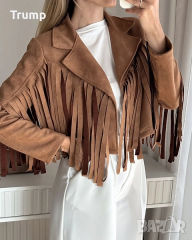 Ефектно скъсено велурено яке, кафяв цвят, снимка 2 - Якета - 52237100