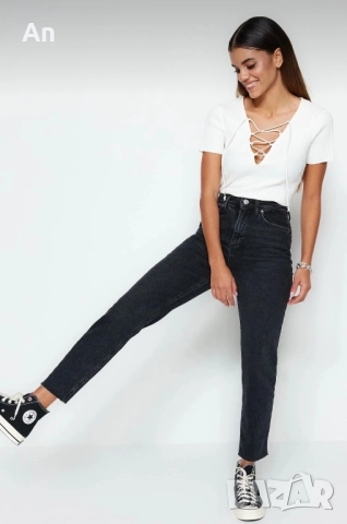 Черни дънки Mom с висока талия, снимка 3 - Дънки - 52176428