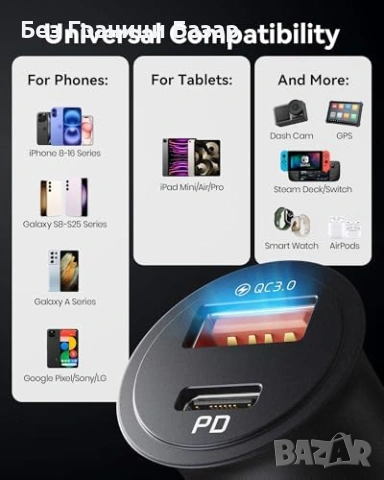 Ново Автомобилно зарядно INIU 60W USB-C USB-A бързо зареждане Адаптер кола запалка, снимка 6 - Друга електроника - 54057505