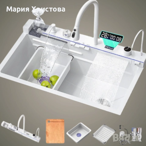 Умна кухненска мивка с изтеглящ се кран – LED дисплей, водопад, филтрирана вода и пълен комплект за 