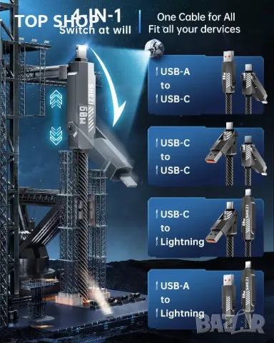 SHEZI 4 в 1 кабел за зареждане/данни с Lightning/Type C/USB A порт, 3 метра, снимка 7 - Друга електроника - 49591949