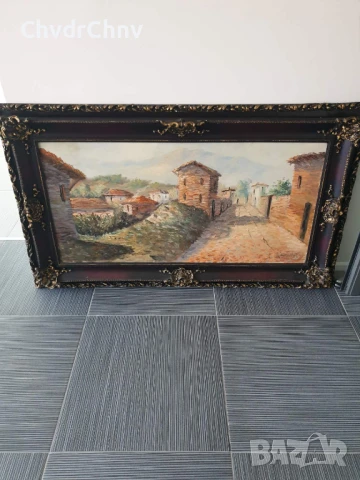 150х89см/стара голяма картина масло върху платно/испанско село-каменни къщи/барокова дървена рамка