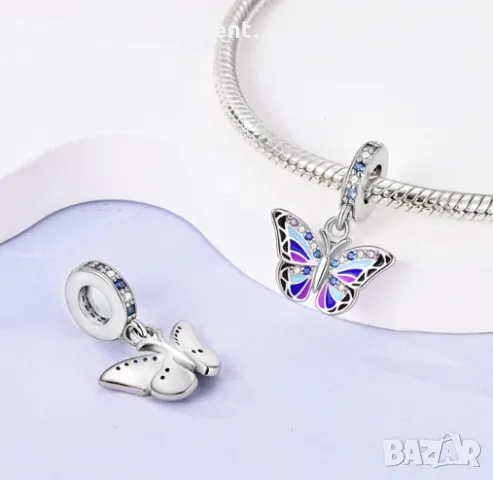 Сребърен талисман висулка 925 Pandora Sparkling Butterfly , снимка 3 - Гривни - 46857590