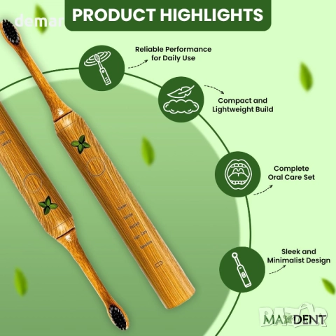Акумулаторна електрическа четка за зъби Maxdent от бамбук, 3 глави, снимка 5 - Други - 51768018