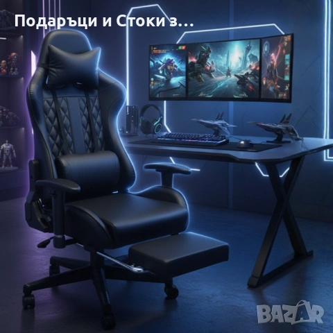 Геймърски стол с прибираща се подложка за крака и функция за масаж - черен, снимка 2 - Столове - 53237738