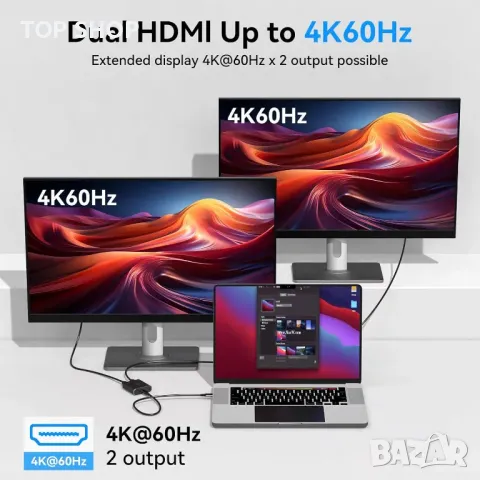 DGYBDFC USB C към двоен HDMI сплитер конвертор 4K@60Hz Type C към двоен HDMI адаптер, снимка 3 - Друга електроника - 49457570