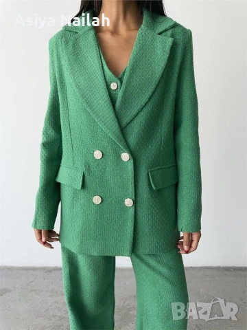 Дамски зелен костюм от 3 части – сако, елек и широк панталон, снимка 4 - Костюми - 52792782