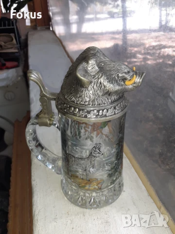 Стара немска халба за бира глиган ловна тематика, снимка 3 - Антикварни и старинни предмети - 51055207
