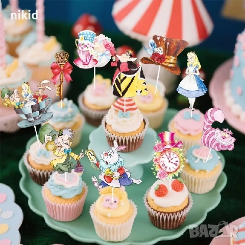 12 бр Алиса в Страната на Чудесата картонени топери топер за мъфини кексчета парти торта рожден ден, снимка 4 - Други - 52422970